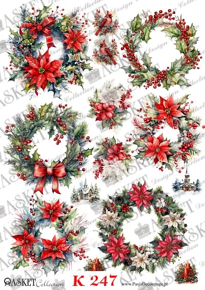 wreaths of holly with red poinsettias red bows and red cardinals