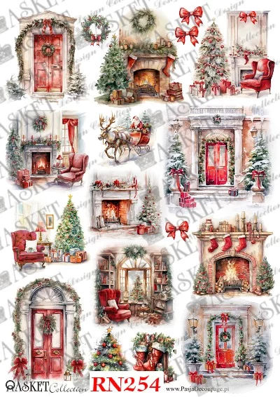 holiday scenes of fireplaces with red bows and stockings and doorways