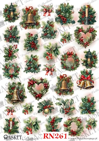 bunches and wreaths of holly with red bows and berries and golden bells