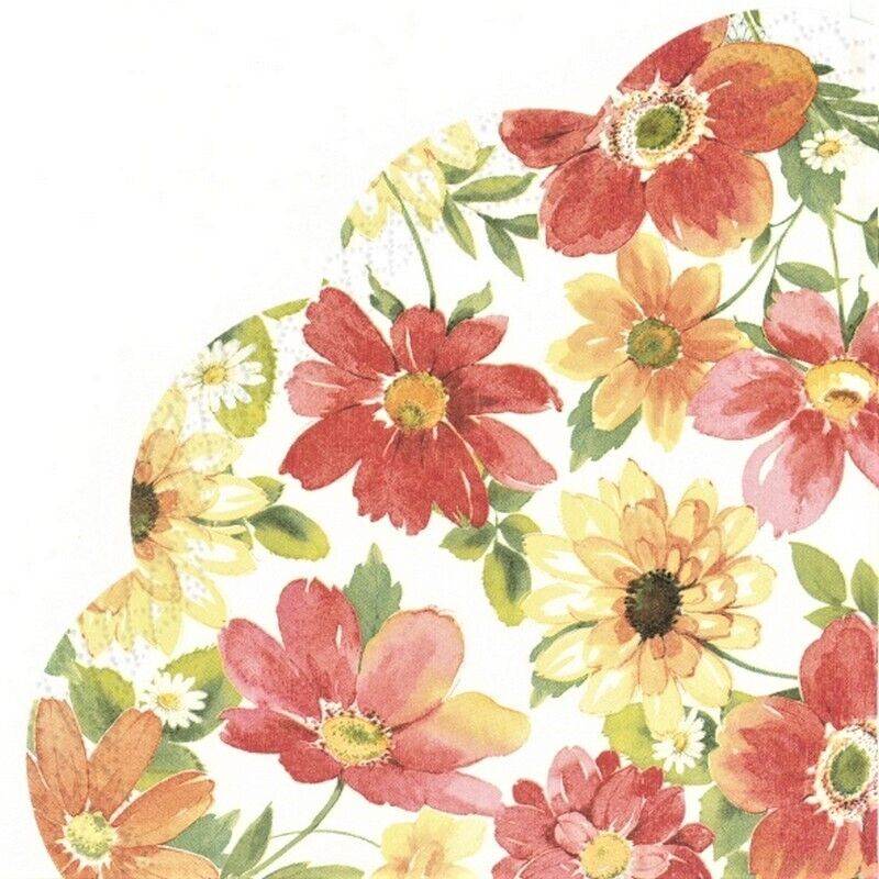 Orange and Yellow flowers with green leafs on white background round Decoupage Napkins