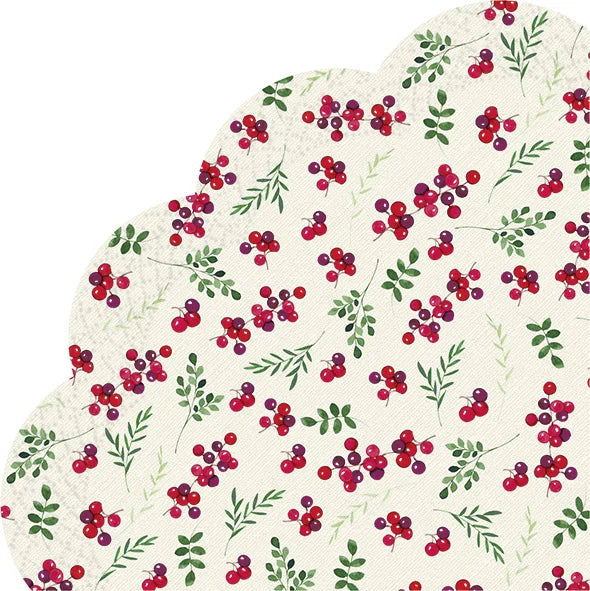 red berries and green leaves on cream Round   Decoupage Napkins