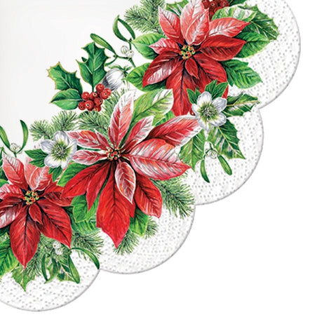 red poinsettia with holly branch frame Round Decoupage Napkins