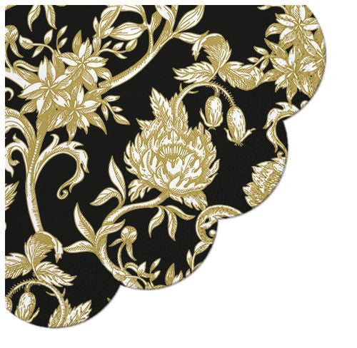 gold flower pattern on black round decoupage napkins
