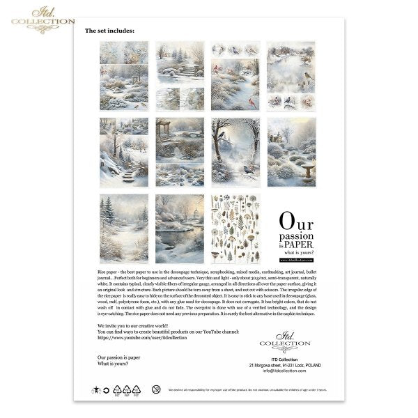 Birds and buildings covered in snow. A4 Rice Paper Set by ITD Collection. Eleven papers matched in theme and color.