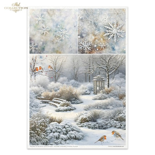 Birds and buildings covered in snow. A4 Rice Paper Set by ITD Collection. Eleven papers matched in theme and color.