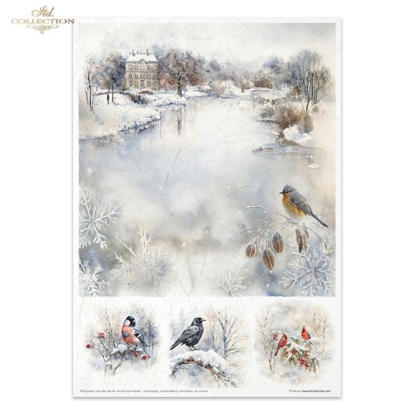 Birds and buildings covered in snow. A4 Rice Paper Set by ITD Collection. Eleven papers matched in theme and color.