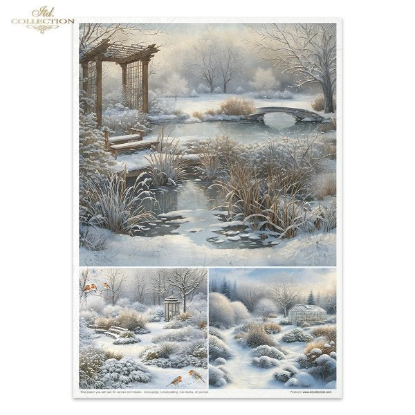 Birds and buildings covered in snow. A4 Rice Paper Set by ITD Collection. Eleven papers matched in theme and color.