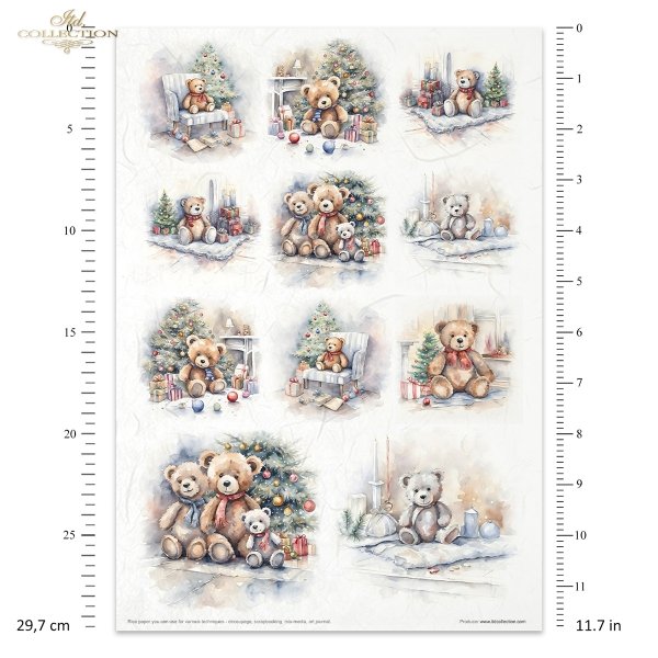 Colorful Christmas images and patterns. A4 Rice Paper Set by ITD Collection. Eleven papers matched in theme and color.