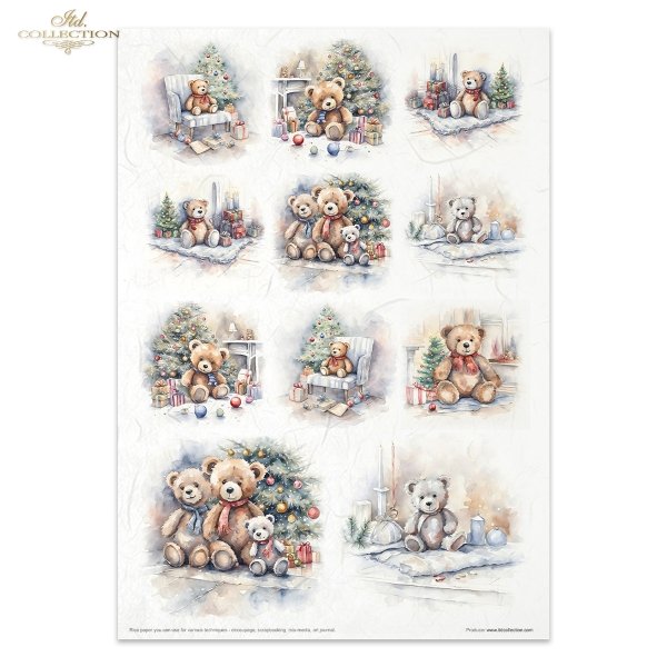 Colorful Christmas images and patterns. A4 Rice Paper Set by ITD Collection. Eleven papers matched in theme and color.