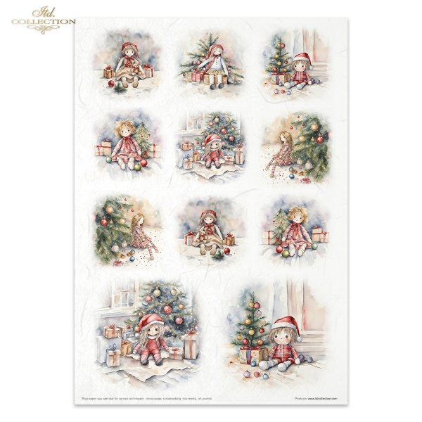 Colorful Christmas images and patterns. A4 Rice Paper Set by ITD Collection. Eleven papers matched in theme and color.