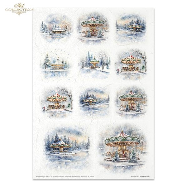 Colorful Christmas images and patterns. A4 Rice Paper Set by ITD Collection. Eleven papers matched in theme and color.