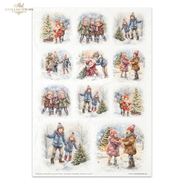 Colorful Christmas images and patterns. A4 Rice Paper Set by ITD Collection. Eleven papers matched in theme and color.