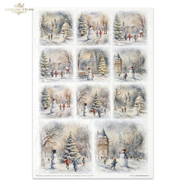 Colorful Christmas images and patterns. A4 Rice Paper Set by ITD Collection. Eleven papers matched in theme and color.