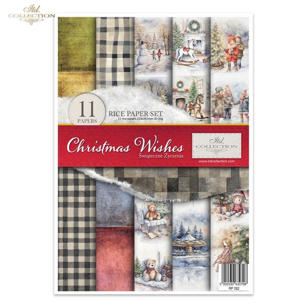 Colorful Christmas images and patterns. A4 Rice Paper Set by ITD Collection. Eleven papers matched in theme and color.