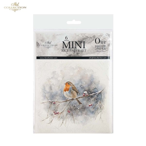 Robins perched on snowy branches in coordinated Mini Rice Paper Sets by ITD Collection