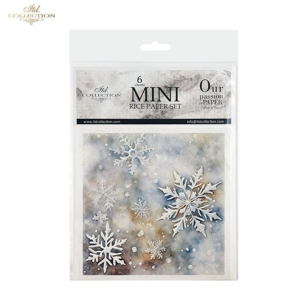 Snowflakes on blue and brown background in coordinated Mini Rice Paper Sets by ITD Collection