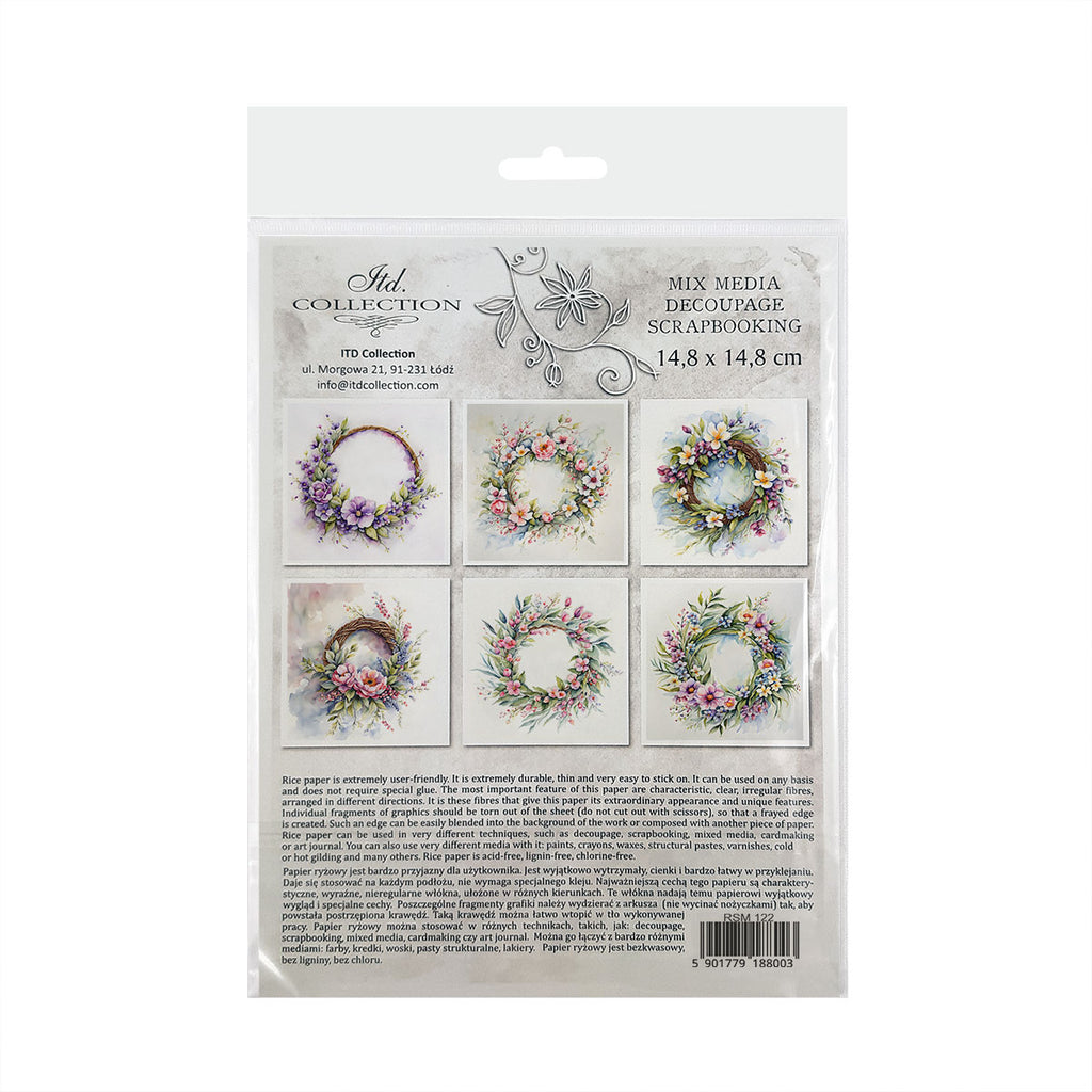 Floral wreaths in coordinated Mini Rice Paper Sets. Great for Card Making, Scrapbooking, Decoupage Art