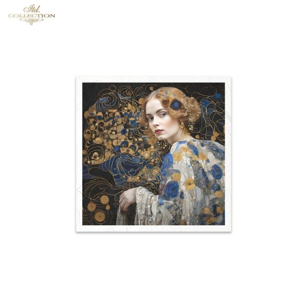 6 images of women wearing blue and gold on embellished backgrounds