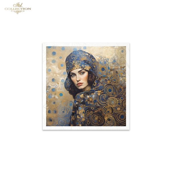 6 images of women wearing blue and gold on embellished backgrounds