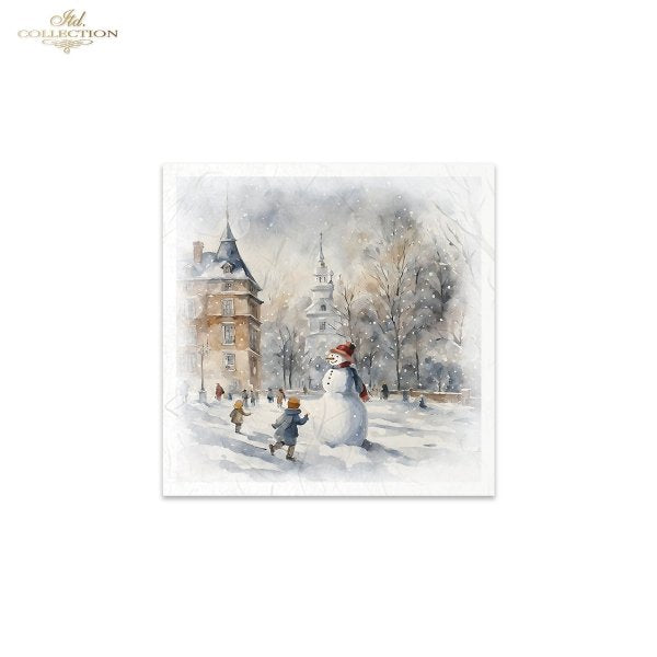 6 images of snowmen in the park with trees and buildings