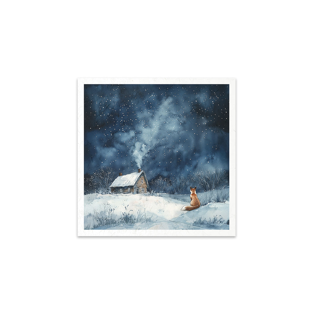 6 images of snowy nights with cabin owls bunny fox and pond