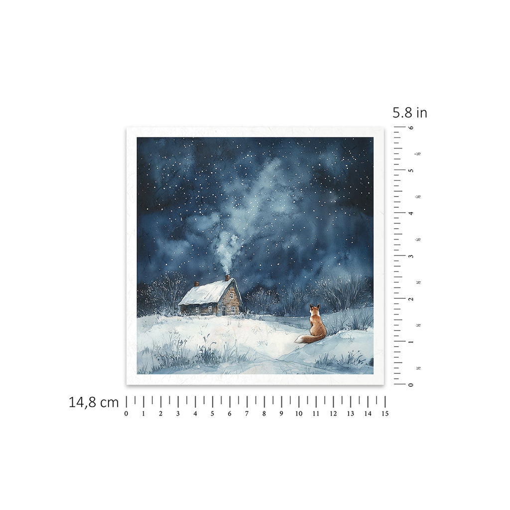 6 images of snowy nights with cabin owls bunny fox and pond