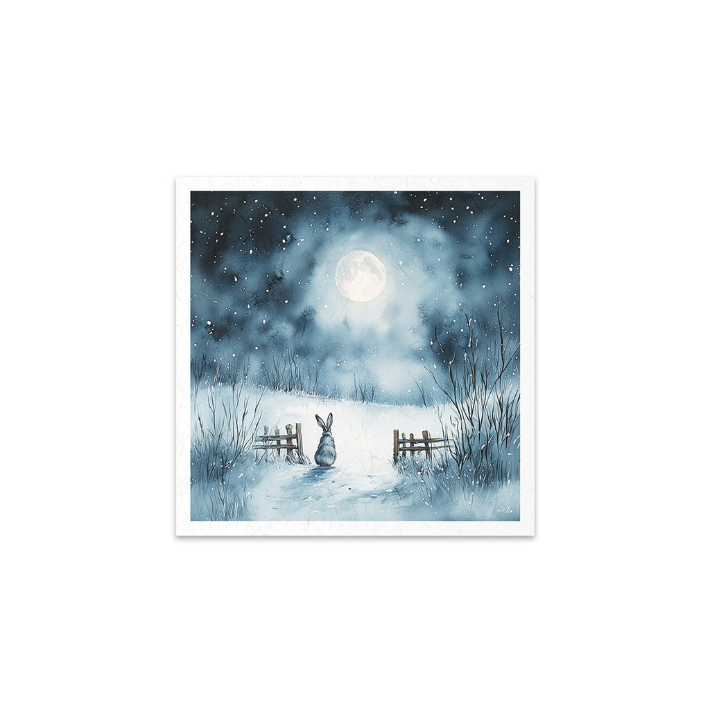 6 images of snowy nights with cabin owls bunny fox and pond