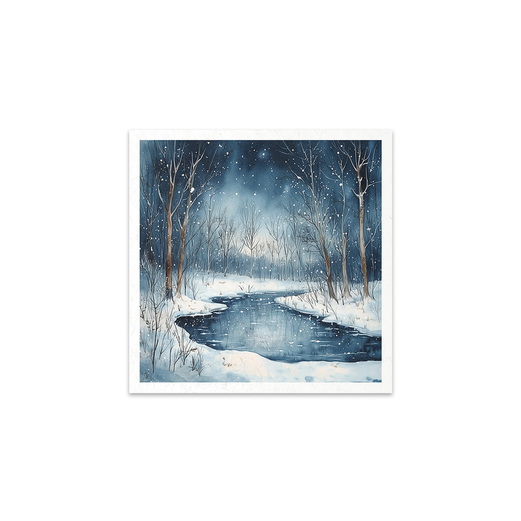 6 images of snowy nights with cabin owls bunny fox and pond