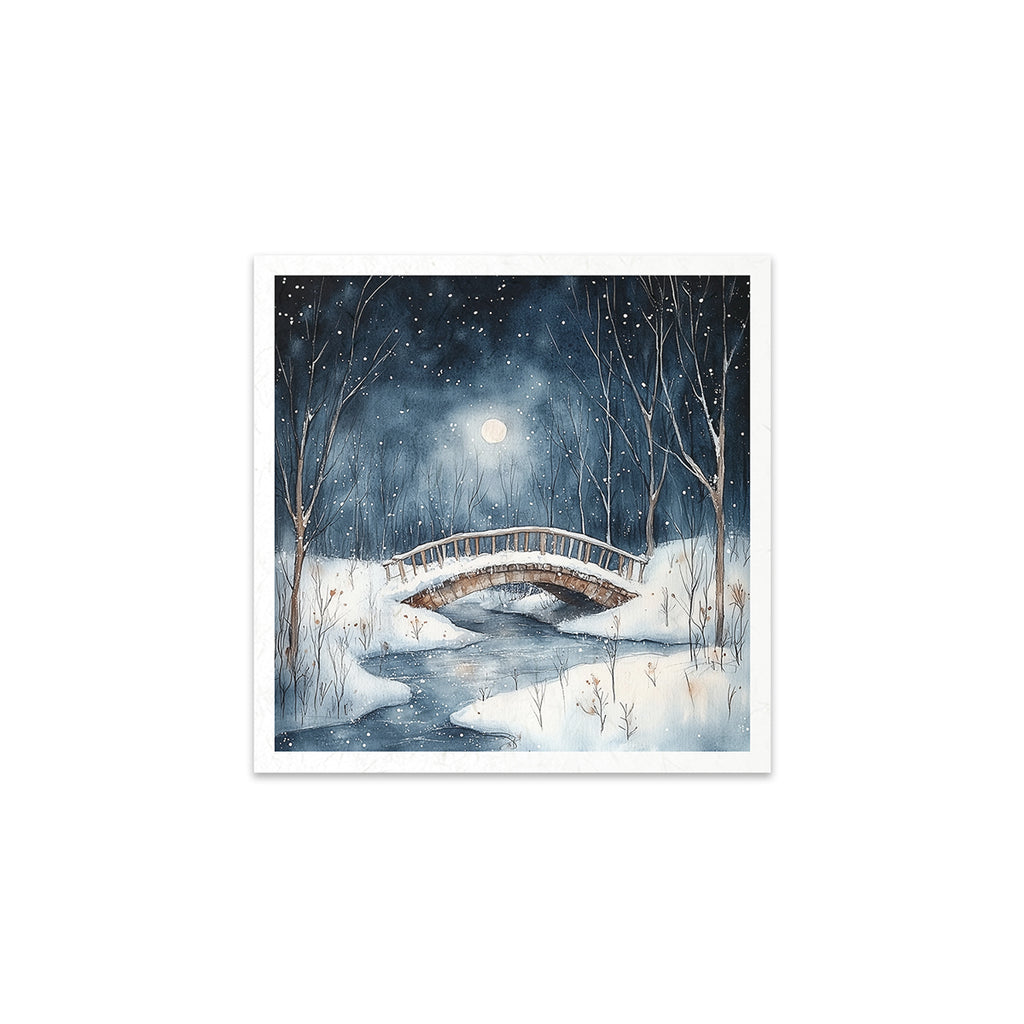 6 images of snowy nights with cabin owls bunny fox and pond