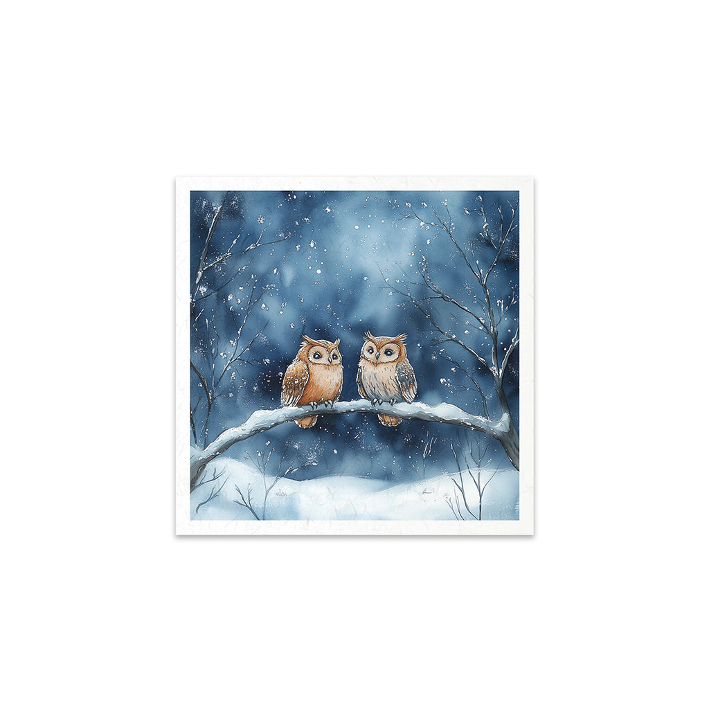 6 images of snowy nights with cabin owls bunny fox and pond