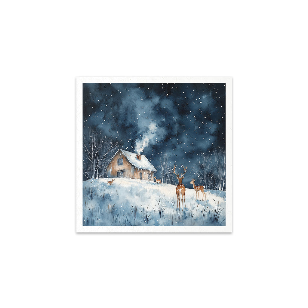 6 images of snowy nights with cabin owls bunny fox and pond