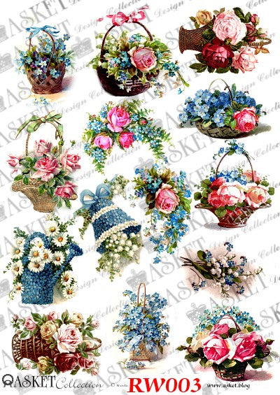 Pink blue and white flowers in woven baskets by Asket collection