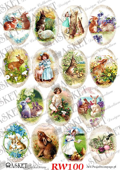 Multi-scenes of bunnies with flowers and vintage girls by Asket collection