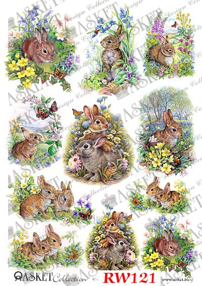 Brown rabbits in grass with wild flowers and butterflies by Asket collection