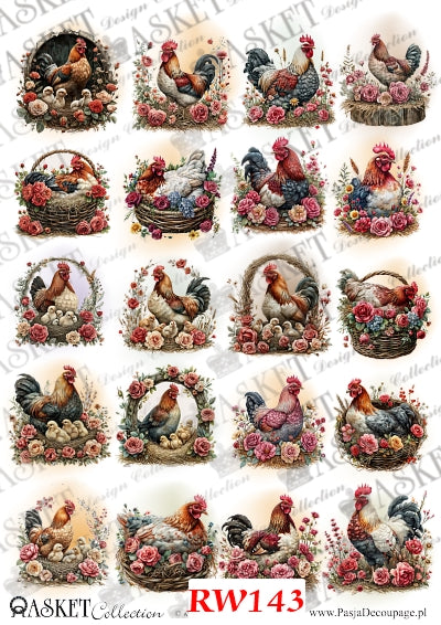 Red white and black roosters with nests and pink flowers by Asket collection