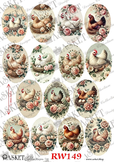 Red and white hens sitting on nests surrounded by pink roses by Asket collection