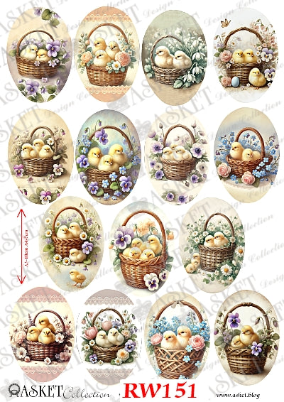 Brown baskets with fluffy yellow chicks and purple and white flowers by Asket collection