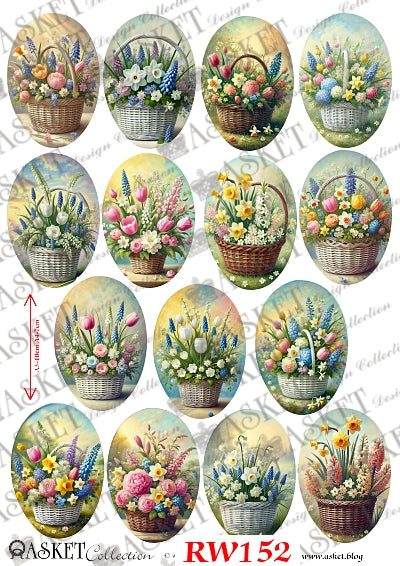 Brown and white baskets with pink white blue and yellow flowers by Asket collection