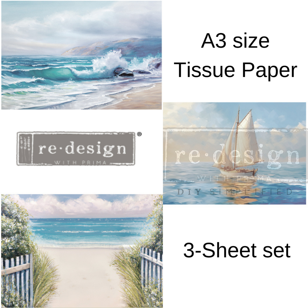 Seascape Melody (size A3) Set ReDesign with Prima Decoupage Tissue Paper set of 3 designs. Ocean, beach and Sailboat.