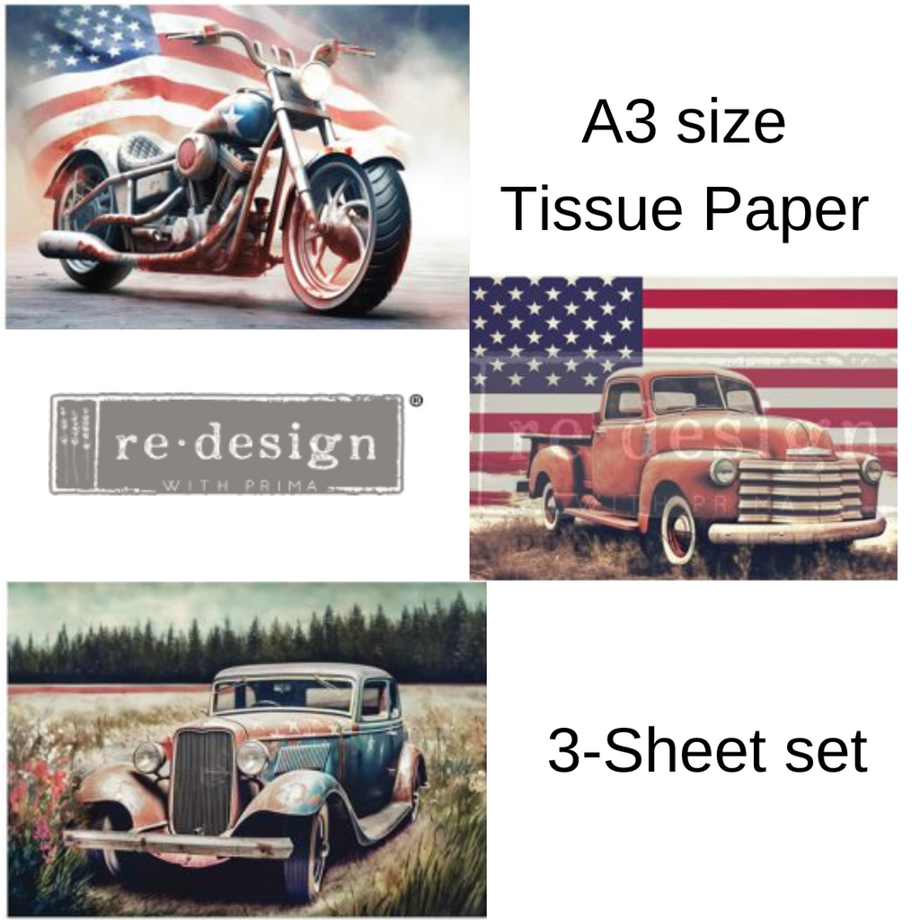 All American (size A3) Set ReDesign with Prima Decoupage Tissue Paper set of 3 designs. Vintage red truck, car and motorcycle with American flags.