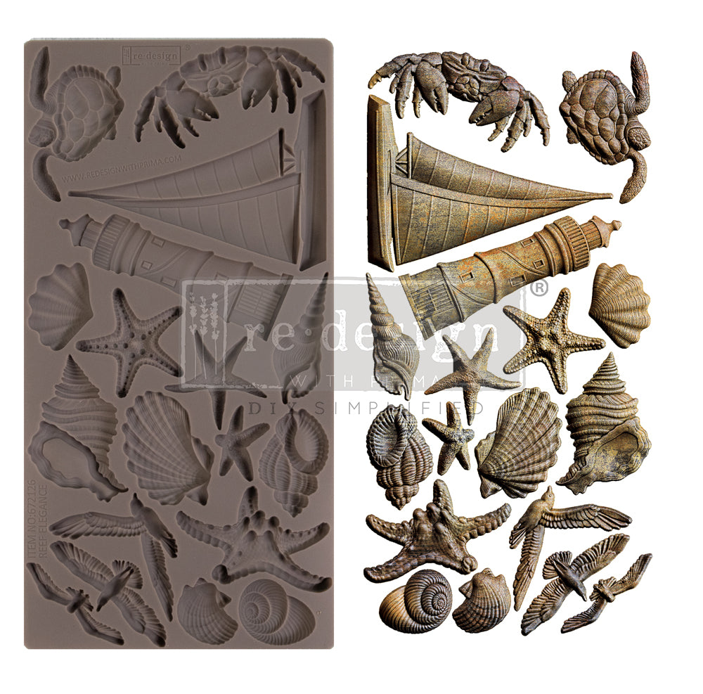 Summer theme with sailboat, sealife, lighthouse and shells. ReDesign with Prima - Decor Mold 5x10 Pattern: Reef Elegance. Heat resistant and food safe.