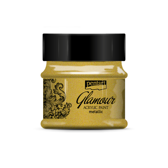 Rich Gold Glamor Metallic paint in clear jar with black top from Pentart