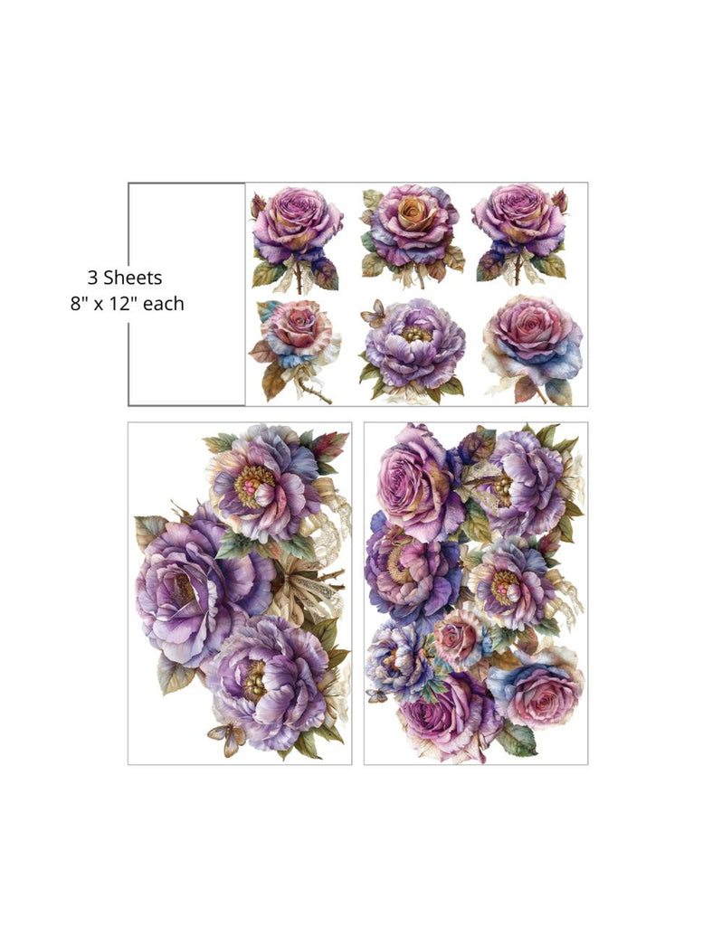 Purple pink and blue roses and peonies by Belles and Whistles Rub on Transfer Decal