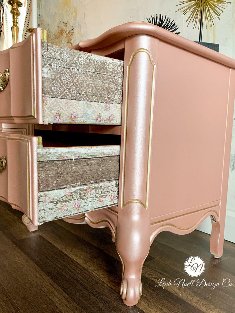 Dresser decorated with Dixie Belle Moonshine Metallics paint in the color Rozay