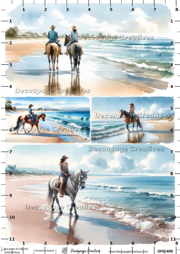Collage of people riding horses on a beach with a ruler for scale.