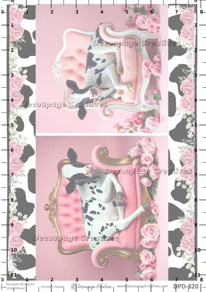 Decorative paper with spotted cows on a pink couch surrounded by roses, brand 'Decoupage Creatives' visible.