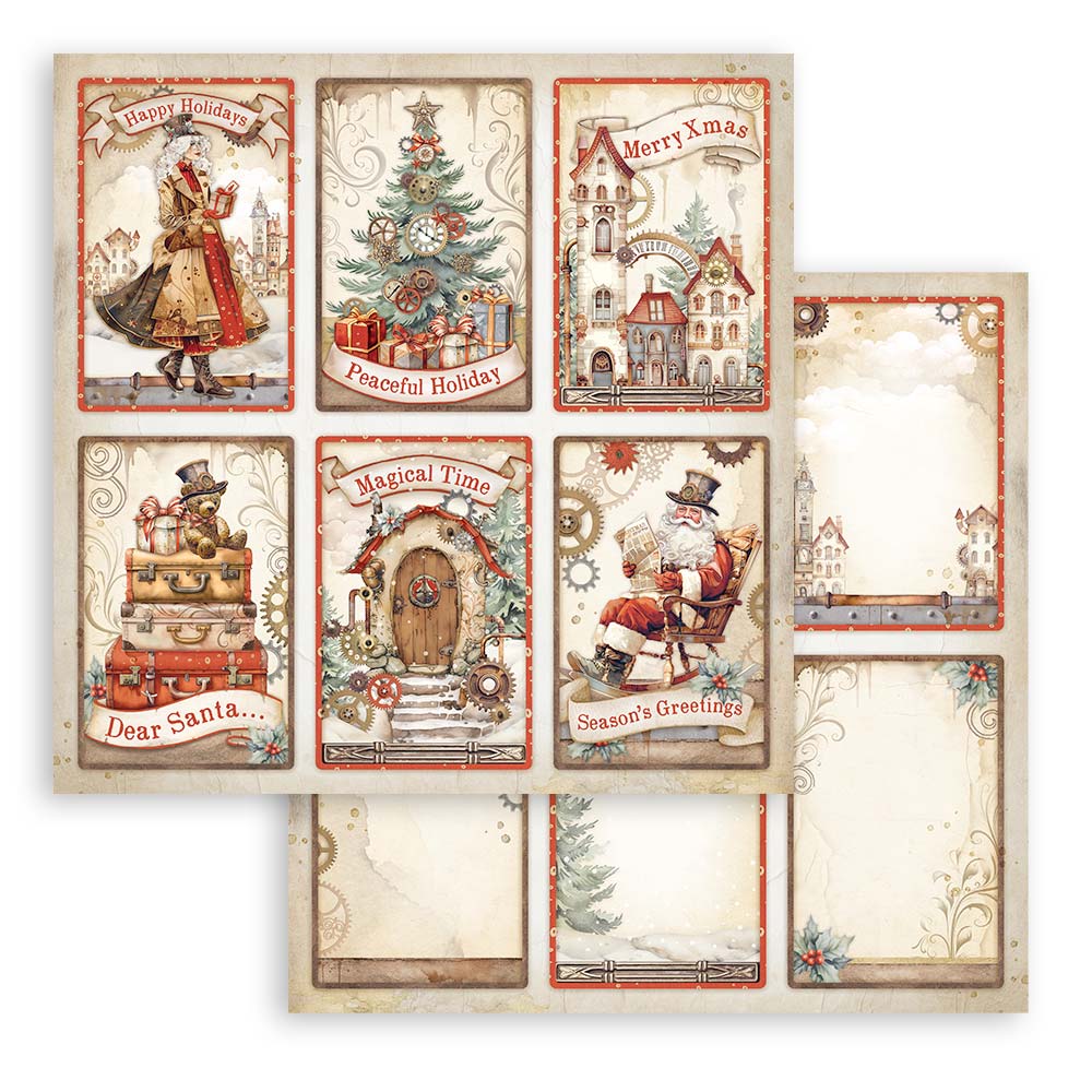 Gear Up For Christmas Stamperia Scrapbooking 12x12 Paper Set. These beautiful high quality papers by Stamperia are themed sets with coordinating designs