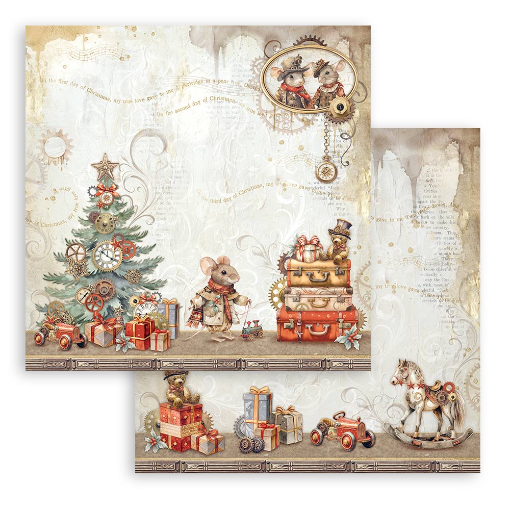 Gear Up For Christmas Stamperia Scrapbooking 12x12 Paper Set. These beautiful high quality papers by Stamperia are themed sets with coordinating designs