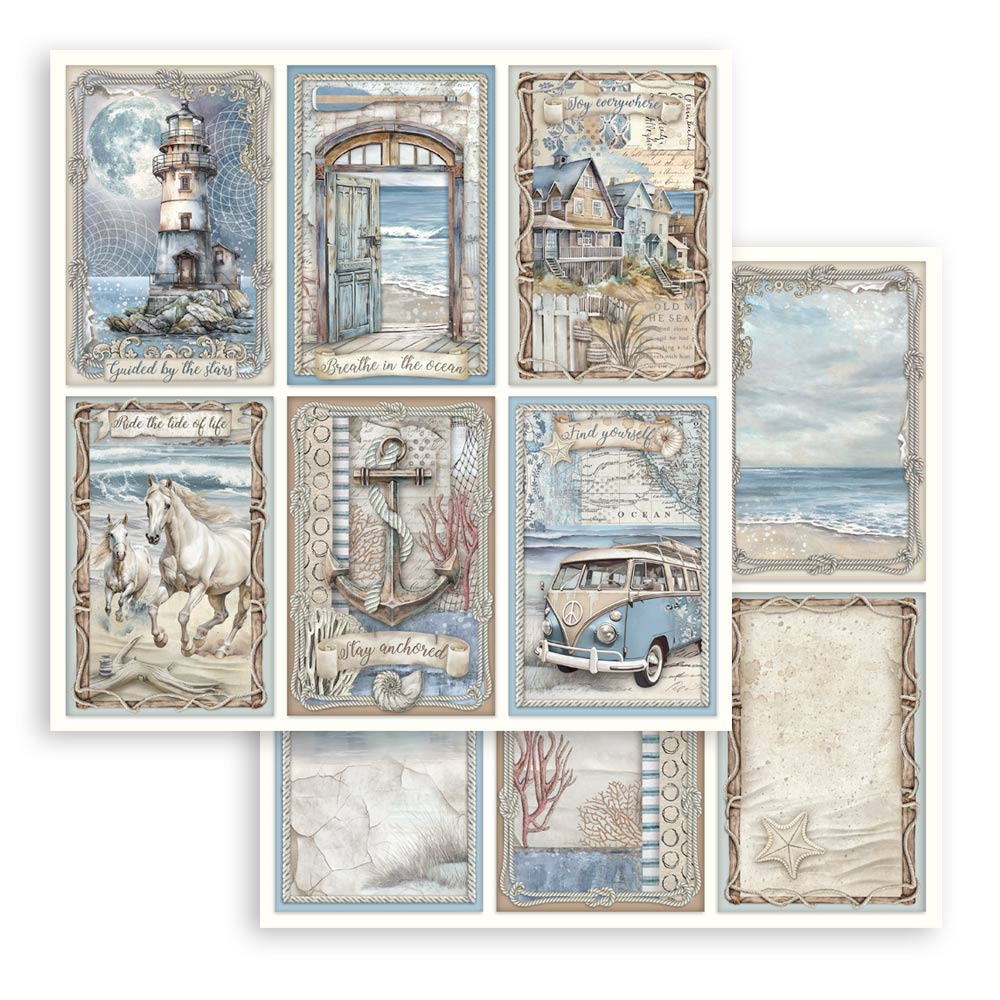 Silent Sea Stamperia Scrapbooking 12x12 Paper Set. These beautiful high quality papers by Stamperia are themed sets with coordinating designs