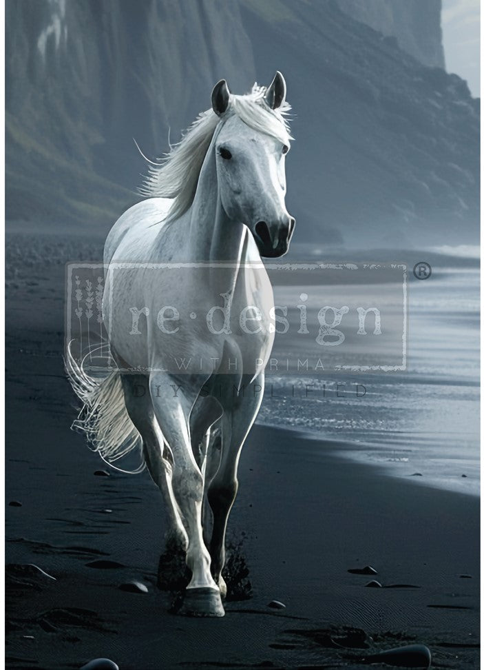 ReDesign with Prima's Seahorse Sprinter A1 size Tear Resistant Decoupage Paper featuring wild white horse on beach with tall cliffs in sepia grey coloring.